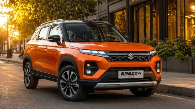 2026 Maruti Suzuki Brezza facelift in orange showing the revised front grille and alloy wheels