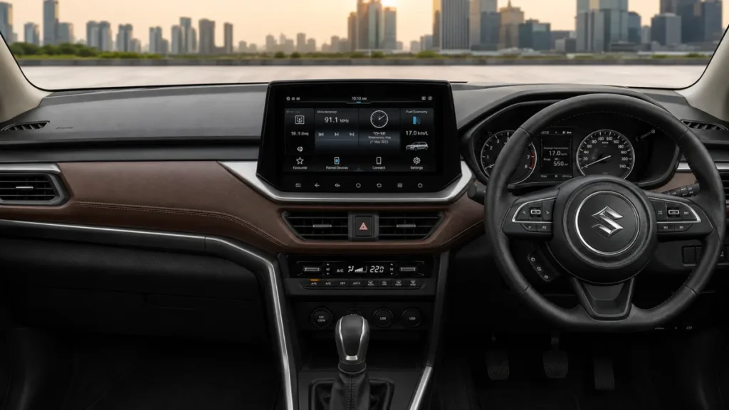 Interior of the 2026 Maruti Suzuki Brezza facelift showing the new 10.1-inch touchscreen and black-and-brown cabin theme
