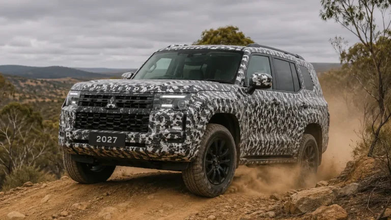 Camouflaged 2027 Mitsubishi Pajero prototype climbing a dirt incline during Australian off-road testing