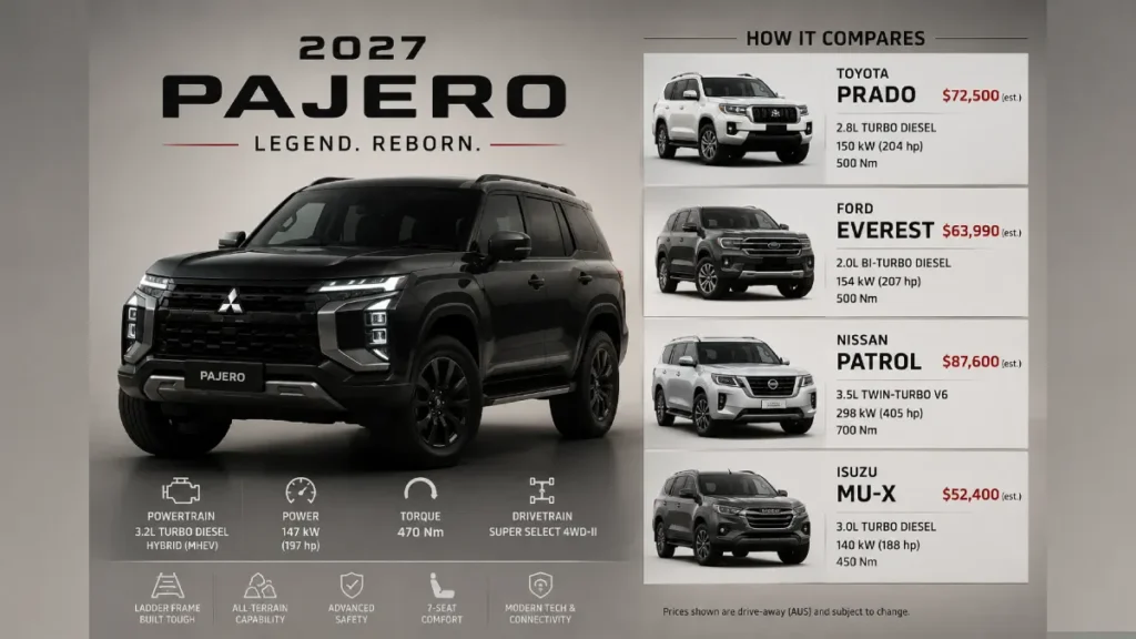 Graphic comparison of the 2027 Mitsubishi Pajero against the Toyota Prado, Ford Everest, Nissan Patrol and Isuzu MU-X