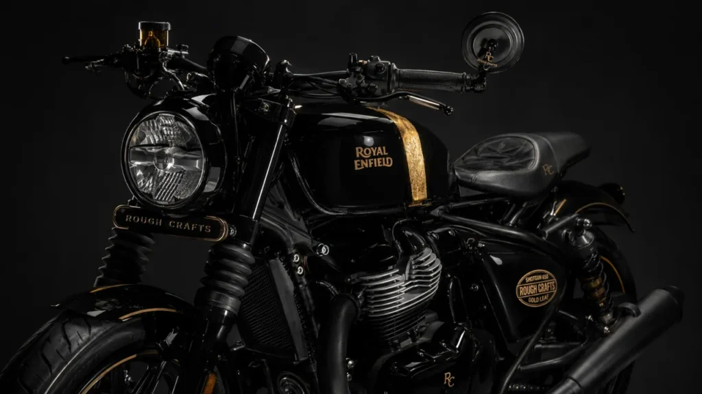 Royal Enfield Shotgun 650 Rough Crafts limited edition motorcycle with gold leaf stripe and black paint